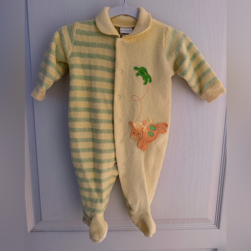 Carter's Yellow and Green Striped Footie with Animal Patches